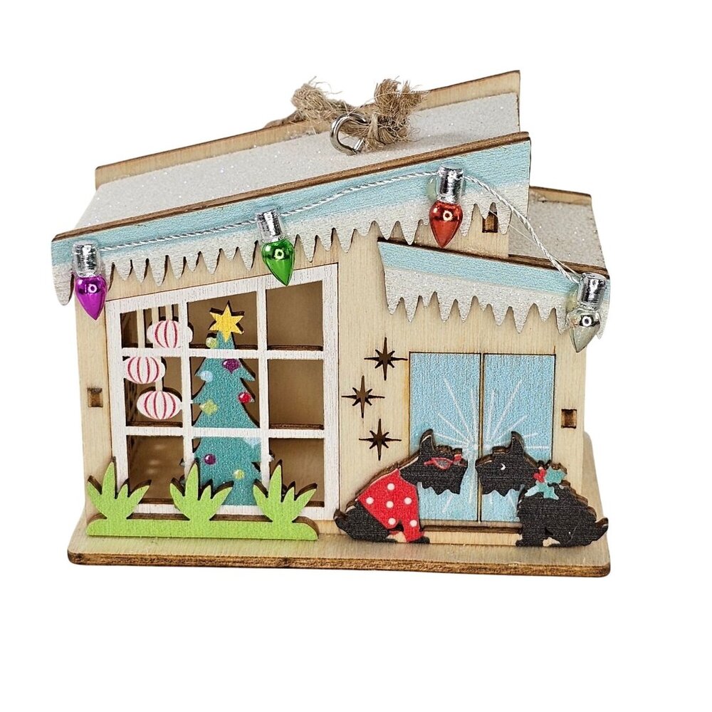 Laser Cut Wood Christmas Scottie Dog House Ornament Mid Century Style